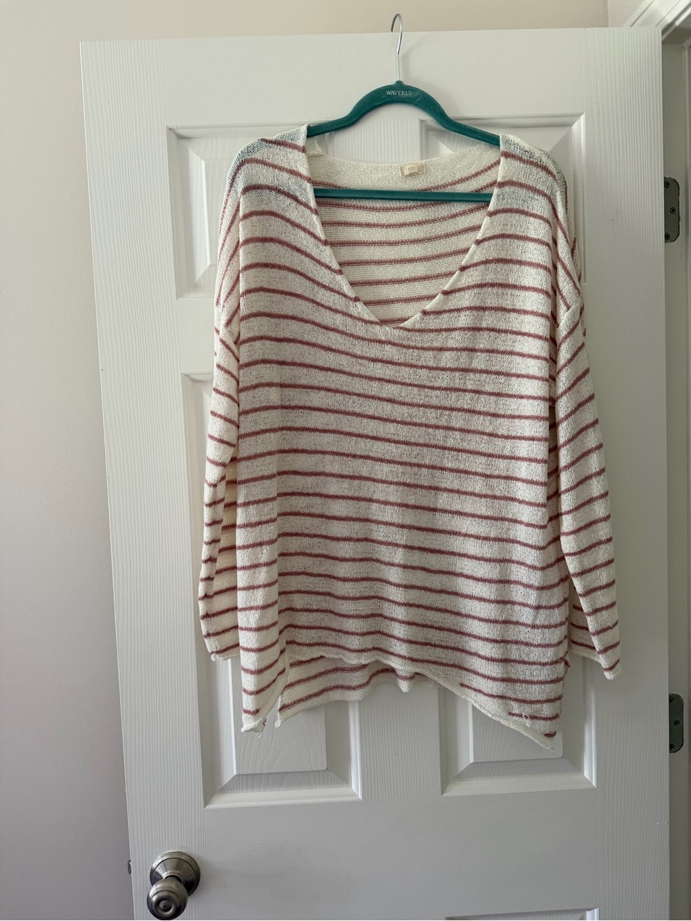 Summer Striped V-Neck Lightweight Knit Sweater - Cream & Dusty Rose